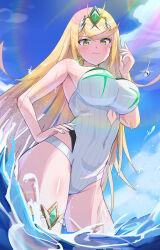 Rule 34 | 1girl, absurdres, armpits, bare shoulders, blonde hair, blush, breasts, cloud, contrapposto, day, from below, gem, green nails, hand on own hip, hand up, headpiece, highres, large breasts, long hair, looking at viewer, mythra (radiant beach) (xenoblade), mythra (xenoblade), ocean, one-piece swimsuit, oruru63100814, outdoors, solo, strapless, strapless one-piece swimsuit, striped clothes, striped one-piece swimsuit, sunlight, swept bangs, swimsuit, tiara, vertical-striped clothes, vertical-striped one-piece swimsuit, very long hair, wading, water, white one-piece swimsuit, xenoblade chronicles (series), xenoblade chronicles 2, yellow eyes