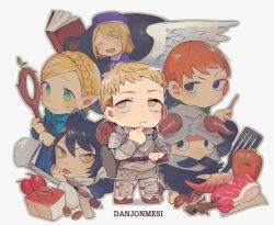 Rule 34 | 3boys, 3girls, ambrosia (dungeon meshi), animal ears, armor, beard, bedroll, belt, black eyes, black hair, black tail, blonde hair, book, braid, brown belt, cat ears, cat girl, cat tail, chibi, chilchuck tims, closed eyes, closed mouth, coin, cooking pot, copyright name, crab claw, dungeon meshi, dwarf, egg (food), elf, facial hair, fake horns, falin touden, falin touden (tallman), food, green eyes, halfling, hat, helmet, holding, holding staff, horned helmet, horns, izutsumi, ladle, laios touden, lockpick, mandrake, marcille donato, meat, multiple boys, multiple girls, mushroom, mustache, open mouth, orange hair, pointy ears, senpuuki (lince0713), senshi (dungeon meshi), smile, spatula, staff, sweatdrop, tail, tongue, tongue out, yellow eyes