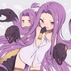 Rule 34 | 2girls, aged down, bare shoulders, blush, breasts, claws, fate/grand order, fate (series), female focus, forehead, gamuo, gorgon (fate), grey background, hair intakes, long hair, looking at viewer, matching hair/eyes, medusa (fate), medusa (lancer) (fate), medusa (rider) (fate), multiple girls, naked towel, open mouth, parted bangs, ponytail, purple eyes, purple hair, rider, scales, simple background, small breasts, smile, snake hair, snake tail, sparkle, tail, thighs, towel, very long hair