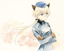 Rule 34 | 1girl, agahari, animal ears, blonde hair, cat ears, crossed arms, garrison cap, gloves, green eyes, hanna rudel, hat, long hair, military, military uniform, ponytail, scar, solo, strike witches, strike witches: suomus misfits squadron, uniform, world witches series