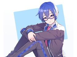 Rule 34 | 1boy, artist name, black-framed eyewear, blazer, blue eyes, blue hair, blue nails, blush, collared shirt, commentary, dreamxiety, english commentary, fingernails, glasses, highres, jacket, kaito (vocaloid), knees up, lapels, leo/need (project sekai), leo/need kaito, long sleeves, looking at viewer, male focus, necktie, notched lapels, parted lips, project sekai, red necktie, school uniform, shirt, short hair, sitting, solo, two-tone background, vocaloid, white shirt