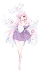 Rule 34 | 1girl, absurdres, alternate costume, angel wings, bag, blue archive, blush, breasts, cleavage, collarbone, crescent, crescent pin, dora (garyeong), dress, feathered wings, full body, grin, hair bun, halo, highres, holding, holding bag, large breasts, long hair, looking at viewer, mika (blue archive), pink hair, pink halo, purple dress, shoes, simple background, single side bun, smile, solo, white background, white footwear, white wings, wings, yellow eyes