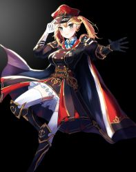 Rule 34 | 1girl, absurdres, artist request, asymmetrical gloves, blonde hair, blush, boots, breasts, cape, chrisha (king&#039;s raid), gloves, green eyes, hat, highres, king&#039;s raid, long hair, looking at viewer, military, military uniform, miniskirt, mismatched gloves, shiny clothes, shiny skin, side ponytail, skirt, smile, solo, thighhighs, uniform