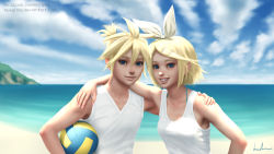 Rule 34 | 1boy, 1girl, arm around neck, arm around waist, bad link, ball, bikini, bikini under clothes, blonde hair, blue sky, brother and sister, cloud, day, deviantart username, facebook username, gohpot, grin, hair ornament, hair ribbon, hairclip, hand on another&#039;s shoulder, highres, holding, holding ball, kagamine len, kagamine rin, ocean, outdoors, ponytail, ribbon, siblings, signature, sky, smile, sunlight, swimsuit, swimsuit under clothes, tank top, twins, v-neck, vocaloid, volleyball (object), watermark, web address