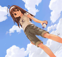 Rule 34 | 1girl, antenna hair, bottle, brown eyes, brown hair, cloud, day, from below, hairband, headband, shorts, signature, sky, smile, solo, standing, tanaka kunihiko, water bottle