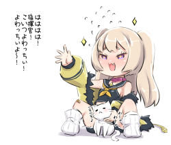 Rule 34 | + +, 1girl, :d, animal, azur lane, bache (azur lane), bandaid, bandaid on knee, bandaid on leg, bare shoulders, black sailor collar, black shirt, black shorts, blush, brown jacket, cat, commentary request, fang, flying sweatdrops, jacket, knees up, light brown hair, long hair, long sleeves, looking away, loose socks, no shoes, nose blush, open mouth, outstretched arm, puffy long sleeves, puffy sleeves, purple eyes, sailor collar, shadow, shirt, short shorts, shorts, sitting, sleeveless, sleeveless shirt, smile, socks, solo, sparkle, spread legs, translation request, two side up, u-non (annon&#039;an), very long hair, white background, white cat, white legwear