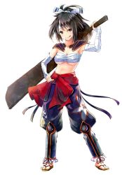 Rule 34 | 1girl, bandages, black hair, breasts, brown eyes, chest sarashi, cleavage, engage knights, force of will, full body, hair ribbon, long hair, looking at viewer, medium breasts, official art, ponytail, ribbon, sandals, sarashi, simple background, solo, standing, tongue, tongue out, white background, yae (mono110)