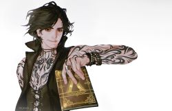 Rule 34 | 1boy, bare shoulders, black coat, black eyes, black hair, book, bracelet, coat, devil may cry (series), devil may cry 5, full-body tattoo, holding, holding book, jewelry, kenny (poe90), male focus, necklace, ring, signature, simple background, smile, solo, tattoo, tooth necklace, twitter username, upper body, v (devil may cry), white background