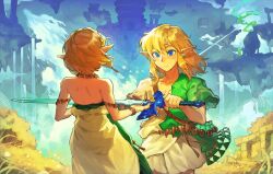 Rule 34 | 1boy, 1girl, 9twoeight, absurdres, archaic set (zelda), blonde hair, blue eyes, dress, earrings, floating island, gloves, grass, green tunic, highres, jewelry, link, making-of available, master sword, nintendo, pointy ears, princess zelda, ruins, short hair, sword, the legend of zelda, the legend of zelda: tears of the kingdom, triforce, triforce print, water, waterfall, weapon