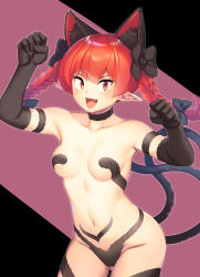 Rule 34 | 1girl, alternate costume, animal ear fluff, animal ears, animal hands, black bow, black choker, black gloves, bow, braid, breasts, cat ears, cat tail, choker, collarbone, cosplay, cowboy shot, elbow gloves, fang, felicia (cosplay), gloves, hair bow, highres, kaenbyou rin, long hair, looking at viewer, medium breasts, navel, open mouth, pointy ears, red eyes, red hair, revealing clothes, short hair with long locks, smile, solo, tail, tarmo, touhou, twin braids, vampire (game)