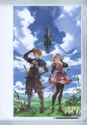 Rule 34 | 10s, 1boy, 1girl, absurdres, armor, belt, blonde hair, bob cut, boots, brown eyes, brown hair, day, djeeta (granblue fantasy), dress, fighter (granblue fantasy), flower, frills, gauntlets, gran (granblue fantasy), granblue fantasy, grass, hairband, hand on own hip, highres, knee boots, looking away, minaba hideo, non-web source, official art, outdoors, pants, pink dress, puffy sleeves, short dress, short hair, sky, smile, sword, thighhighs, weapon, zettai ryouiki