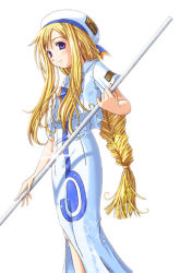 Rule 34 | 00s, 1girl, alicia florence, aria (manga), beret, blonde hair, blouse, braid, dress, emblem, hat, holding, holding weapon, long hair, looking at viewer, oar, purple eyes, rod, shirt, side slit, sidelocks, simple background, solo, staff, standing, uniform, very long hair, weapon, white background, white dress, white shirt, yone