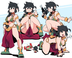 Rule 34 | 1girl, all fours, bare legs, black hair, black nails, blush, boots, braid, braided ponytail, breasts, chain, cleavage, cosplay, crab, green footwear, gun, hand up, highres, holding, holding gun, holding weapon, lucia (scott malin), medium breasts, multiple views, nail polish, navel, open mouth, original, princess leia organa solo, princess leia organa solo (cosplay), scott malin, shadow, sitting, standing, star wars, weapon