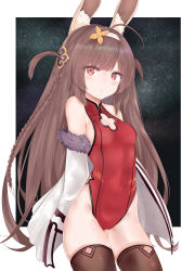 Rule 34 | 1girl, absurdres, ahoge, alternate hairstyle, animal ears, azur lane, bare shoulders, black thighhighs, blush, braid, breasts, brown hair, closed mouth, commentary request, fur-trimmed jacket, fur trim, groin, hair down, hair ornament, hairband, highres, jacket, kemonomimi mode, leotard, long hair, looking at viewer, medium breasts, night, night sky, off shoulder, ping hai (azur lane), ping hai (osmanthus moon rabbit) (azur lane), rabbit ears, red eyes, red thighhighs, ru zhai, sideboob, sidelocks, sky, solo, star (sky), starry sky, thighhighs, two side up, very long hair, white hairband, white jacket