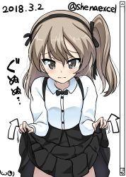 Rule 34 | 10s, 1girl, absurdres, arrow (symbol), black bow, black bowtie, black ribbon, black skirt, bow, bowtie, brown eyes, casual, closed mouth, clothes lift, collared shirt, commentary request, cowboy shot, cursor, dated, frown, gameplay mechanics, girls und panzer, hair ribbon, high-waist skirt, highres, layered skirt, lifted by self, light brown hair, logo, long hair, long sleeves, looking at viewer, medium skirt, one-hour drawing challenge, pointer, ribbon, scroll, shiina excel, shimada arisu, shirt, side ponytail, signature, skirt, skirt lift, solo, standing, suspender skirt, suspenders, tearing up, twitter username, white shirt