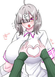 Rule 34 | absurdres, ahoge, bandaged arm, bandages, breasts, couple, eyes visible through hair, frim 02, green sweater, grey hair, hair ornament, hair over one eye, heart, heart-shaped boob challenge, heart hands, highres, large breasts, long hair, looking at viewer, mole, mole under eye, multiple girls, nijisanji, nurse, open mouth, pov, pov hands, purple eyes, shirayuki tomoe, shirayuki tomoe (1st costume), simple background, sukoya kana, sukoya kana (1st costume), sweater, twintails, virtual youtuber, white background, x, yuri
