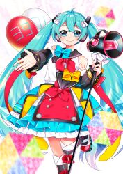 Rule 34 | 1girl, 39, absurdres, balloon, blue eyes, blue hair, blush, boots, bow, commentary, detached sleeves, dress, frilled dress, frills, hair ornament, hatsune miku, headphones, highres, holding, holding microphone stand, knee boots, layered dress, long hair, long sleeves, looking at viewer, magical mirai (vocaloid), magical mirai miku, magical mirai miku (2018), masumofu, megaphone, microphone stand, nail polish, reaching, reaching towards viewer, sleeveless, sleeveless dress, smile, solo, standing, standing on one leg, twintails, very long hair, vocaloid