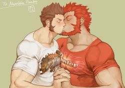 Rule 34 | 2boys, alternate costume, bara, beard, biceps, blue eyes, blush, bobfosse, borrowed clothes, brown hair, buster shirt, closed eyes, collarbone, commission, cosplay, couple, dark-skinned male, dark skin, eye contact, facial hair, fate/grand order, fate/zero, fate (series), food, forehead-to-forehead, goatee, heads together, highres, holding hands, incoming pocky kiss, interlocked fingers, iskandar (fate), iskandar (fate) (cosplay), kiss, large pectorals, long sideburns, looking at another, male focus, multiple boys, muscular, napoleon bonaparte (fate), pectoral docking, pectoral press, pectorals, pocky, pocky day, pocky kiss, red eyes, red hair, red shirt, second-party source, shared food, shirt, short hair, short sleeves, sideburns, simple background, skeb commission, upper body, veins, white shirt, yaoi
