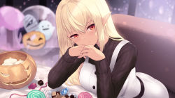 Rule 34 | 1girl, bad id, bad pixiv id, blonde hair, blurry, blurry background, cait aron, candle, candy, checkerboard cookie, commentary, cookie, elbow rest, food, hair between eyes, halloween, halloween bucket, head tilt, highres, hololive, indoors, interlocked fingers, leaning forward, lollipop, long hair, long sleeves, looking at viewer, pointy ears, red eyes, shiranui flare, solo, swirl lollipop, virtual youtuber