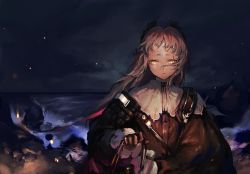 Rule 34 | 1girl, absurdres, arknights, black gloves, black jacket, capelet, furioso, gloves, grey hair, head wings, highres, holding, irene (arknights), jacket, light particles, long hair, long sleeves, looking at viewer, night, night sky, ocean, parted lips, puffy long sleeves, puffy sleeves, scar, scar across eye, scar on face, sky, solo, upper body, water, wet, wet clothes, white capelet, wings