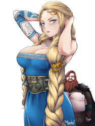 Rule 34 | 1boy, 1girl, adjusting hair, arm tattoo, arms up, beard, blonde hair, blue dress, blue eyes, breasts, dress, facial hair, god of war, god of war ragnarok, highres, husband and wife, large breasts, long hair, looking at viewer, ravenhart, sif (god of war), simple background, tattoo, thor (god of war), very long hair