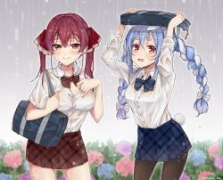 Rule 34 | 2girls, alternate costume, animal ears, bag, black pantyhose, blue hair, blue ribbon, blue skirt, bow, braid, breasts, bush, buttons, closed mouth, cloud, cloudy sky, collared shirt, commentary request, contrapposto, covering head, cowboy shot, dakuryuu, flower, grey sky, hair bow, hair ribbon, heterochromia, highres, hololive, houshou marine, hydrangea, improvised umbrella, leaning forward, long hair, looking at viewer, medium breasts, medium hair, multicolored hair, multiple girls, neck ribbon, open mouth, outdoors, pantyhose, plaid, plaid skirt, pleated skirt, rabbit ears, rabbit girl, rabbit tail, rain, red eyes, red hair, red ribbon, red skirt, ribbon, school bag, school uniform, see-through, shirt, short sleeves, skirt, sky, smile, standing, streaked hair, symbol-shaped pupils, tail, twin braids, twintails, twitter username, unbuttoned, unbuttoned shirt, virtual youtuber, wavy mouth, wet, wet clothes, white bow, white hair, white shirt, yellow eyes
