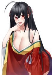 Rule 34 | 1girl, :d, ahoge, azur lane, black hair, blush, breasts, cleavage, collarbone, hair ribbon, highres, japanese clothes, kimono, kimono skirt, large breasts, leaning forward, long hair, looking at viewer, off shoulder, open mouth, red eyes, red kimono, red ribbon, ribbon, smile, solo, taihou (azur lane), upper body, very long hair, yorugami rei