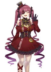 Rule 34 | 1girl, bad id, bad twitter id, black gloves, breasts, cleavage, closed eyes, commentary, dated, dress, drill hair, english text, eyepatch, formal, frills, gloves, gothic lolita, gradient hair, heart, hololive, houshou marine, large breasts, lolita fashion, long hair, mizuryu kei, multicolored hair, open mouth, pocket watch, purple hair, red dress, see-through, see-through cleavage, signature, skirt, sleeveless, sleeveless dress, solo, suit, sweat, translated, transparent background, twin drills, very long hair, virtual youtuber, watch, waving, white background