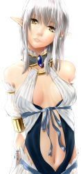 Rule 34 | 1girl, absurdres, armband, arms behind back, bare shoulders, bow, choker, collarbone, elf, head tilt, highres, hiko (hiko224556), jewelry, looking at viewer, navel, parted lips, pointy ears, see-through, silver hair, simple background, solo, white background, yellow eyes
