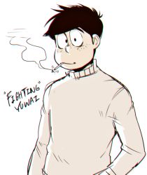 Rule 34 | 1boy, black hair, character name, chromatic aberration, cowboy shot, english text, freckles, hands in pockets, long sleeves, looking at viewer, male focus, nyaph, osomatsu-kun, smile, solo, totoko&#039;s brother, turtleneck