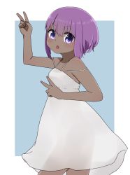 Rule 34 | 1girl, :o, arm up, bare arms, bare shoulders, blue background, blush, dark-skinned female, dark skin, double v, dress, fate/prototype, fate/prototype: fragments of blue and silver, fate (series), hair between eyes, hassan of serenity (fate), highres, i.u.y, parted lips, purple eyes, purple hair, see-through, see-through silhouette, sleeveless, sleeveless dress, solo, standing, two-tone background, v, v-shaped eyebrows, white background, white dress