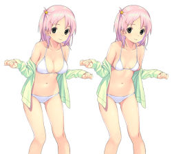 Rule 34 | 1girl, ahoge, bare shoulders, bikini, bikini under clothes, breasts, cleavage, collarbone, commentary request, feet out of frame, green shirt, grey eyes, hair ornament, heart, heart hair ornament, koutaro, long hair, long sleeves, medium breasts, multiple views, navel, off shoulder, one side up, open clothes, open shirt, original, pink hair, shirt, simple background, sleeves past wrists, small breasts, standing, star (symbol), star hair ornament, swimsuit, variations, white background, white bikini