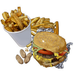 Rule 34 | burger, cheese, cup, disposable cup, five guys burgers and fries, foil, food, food focus, french fries, lettuce, no humans, peanut, sesame seeds, still life, studiolg, tomato, watermark, white background