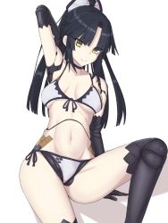 Rule 34 | 1girl, arm support, arm up, bikini, black gloves, black hair, black thighhighs, blunt bangs, breasts, choker, cleavage, collarbone, elbow gloves, elfenlied22, fate/grand order, fate (series), gloves, groin, hair ornament, katou danzou (fate), long hair, looking at viewer, medium breasts, navel, ponytail, side-tie bikini bottom, sideboob, simple background, sitting, solo, swimsuit, thighhighs, underboob, white background, white bikini, yellow eyes