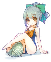 Rule 34 | 10s, 1girl, arm support, asicah, bad id, bad pixiv id, barefoot, blush, bow, brown eyes, collarbone, feet, food, fruit, full body, green hair, grey hair, hair ribbon, kantai collection, legs, looking at viewer, melon, one-piece swimsuit, ponytail, ribbon, sitting, smile, solo, swimsuit, toes, white background, yuubari (kancolle)