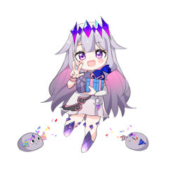 Rule 34 | 1girl, :&gt;, :d, absurdres, ame., blush stickers, box, chibi, closed eyes, closed mouth, commentary, confetti, dress, english commentary, gift, gift box, grey dress, grey hair, highres, holding, holding gift, hololive, hololive english, koseki bijou, long hair, long sleeves, looking at viewer, material growth, open mouth, party popper, pebble (koseki bijou), pink hair, purple eyes, simple background, single sleeve, smile, standing, standing on one leg, v, very long hair, virtual youtuber, white background
