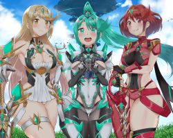 Rule 34 | 3girls, aegis sword (xenoblade), bare legs, bare shoulders, black gloves, blonde hair, breasts, chest jewel, cleavage, cleavage cutout, clothing cutout, covered navel, dress, earrings, elbow gloves, female focus, fingerless gloves, gloves, green eyes, green hair, high heels, ii tea, jewelry, large breasts, long hair, matching hair/eyes, multiple girls, multiple persona, mythra (xenoblade), open mouth, pantyhose, pneuma (xenoblade), ponytail, pyra (xenoblade), red eyes, red hair, red legwear, red shorts, short dress, short hair, short shorts, shorts, skindentation, smile, swept bangs, thigh strap, thighhighs, tiara, very long hair, white dress, white gloves, xenoblade chronicles (series), xenoblade chronicles 2, yellow eyes