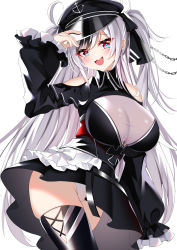 Rule 34 | 1girl, absurdres, adjusting clothes, adjusting headwear, anchor symbol, azur lane, black corset, black footwear, black headwear, black ribbon, blue eyes, boots, breasts, cameltoe, catnnn, cleavage, clothing cutout, collared dress, corset, cross, dress, elbe (azur lane), fang, frilled dress, frilled sleeves, frills, hair between eyes, hair ribbon, hat, highres, iron cross, large breasts, layered dress, leotard, leotard under clothes, long hair, peaked cap, ribbon, shoulder cutout, simple background, skin fang, thigh boots, thighhighs, twintails, underboob cutout, white background, white leotard