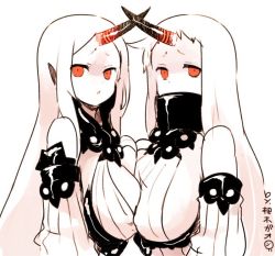 Rule 34 | 10s, 2girls, abyssal ship, bare shoulders, breast press, breasts, claws, cleavage cutout, clothing cutout, colored skin, commentary request, covered mouth, detached sleeves, dress, horns, huge breasts, kantai collection, large breasts, long hair, monochrome, multiple girls, pale skin, red eyes, ribbed dress, ribbed sweater, seaport princess, seaport water oni, short dress, simple background, single horn, sweater, sweater dress, symmetrical docking, very long hair, white background, white hair, white skin, yuzuki gao