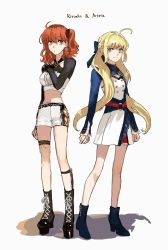 Rule 34 | 2girls, ahoge, alternate costume, artoria caster (fate), artoria pendragon (fate), bad id, bad twitter id, belt, black footwear, black sleeves, blonde hair, blue bow, blue dress, blue footwear, blue sleeves, boots, bow, braid, breasts, buttons, center frills, chain, character name, choroi amachori, closed mouth, collarbone, commentary request, dress, earrings, english text, fate/grand order, fate (series), french braid, frills, fujimaru ritsuka (female), full body, gold chain, green eyes, hair between eyes, hair bow, hair ornament, hair scrunchie, high heel boots, high heels, highres, idol, jewelry, long hair, looking to the side, medium breasts, midriff, multiple girls, navel, orange eyes, orange hair, ponytail, red belt, scrunchie, shadow, shirt, short hair, shorts, side ponytail, sidelocks, simple background, smile, two-tone dress, very long hair, white background, white dress, white shirt, white shorts