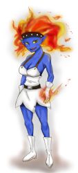 Rule 34 | 1girl, blue skin, breasts, cleavage, colored skin, dragon quest, dragon quest v, dress, fiery hair, flame soldier (dragon quest), genderswap, genderswap (mtf), highres, large breasts, long hair, monster, monster girl, solo, vhd2id