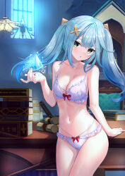 Rule 34 | 1girl, :o, absurdres, aqua hair, arm support, bare arms, bare shoulders, benzi li, blue nails, blurry, blurry background, book, book stack, bow, bow bra, bow panties, bra, breasts, cleavage, collarbone, cowboy shot, cross-laced clothes, eyes visible through hair, faruzan (genshin impact), floating, floating hair, floating object, frilled panties, frills, genshin impact, green eyes, hair ornament, highres, jewelry, lamp, long hair, looking at viewer, medium breasts, nail polish, navel, neck ring, panties, parted lips, scroll, solo, standing, stomach, symbol-shaped pupils, table, thighs, triangle-shaped pupils, twintails, underwear, underwear only, white bra, white panties, window, x hair ornament