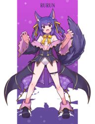 Rule 34 | .live, 1girl, animal ears, breasts, character name, commentary request, fangs, full body, hair ornament, long hair, looking at viewer, official alternate costume, orange eyes, purple hair, ribbon, rune (ru-nn), rurun rururica, shoes, simple background, small breasts, solo, virtual youtuber, wolf ears