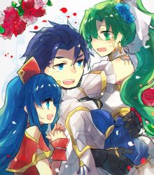 Rule 34 | 1boy, 2girls, armor, bare shoulders, blue eyes, blue hair, blush, couple, detached sleeves, dress, closed eyes, father and daughter, fire emblem, fire emblem: the binding blade, fire emblem: the blazing blade, fire emblem heroes, gloves, green eyes, green hair, own hands clasped, hat, hector (fire emblem), hetero, high ponytail, jewelry, lilina (fire emblem), long hair, lyn (fire emblem), mother and daughter, multiple girls, nintendo, nunuko (mu661129), open mouth, own hands together, ponytail, short hair, smile, strapless, strapless dress, wedding dress