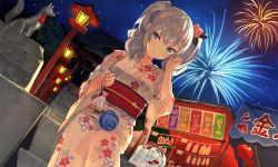 Rule 34 | 10s, 1girl, architecture, bad id, bad pixiv id, blue eyes, breasts, contemporary, dutch angle, east asian architecture, fireworks, floral print, fox statue, grey kimono, hair ornament, japanese clothes, kantai collection, kashima (kancolle), kimono, large breasts, long hair, looking at viewer, nanotaro, night, night sky, outdoors, shrine, sidelocks, silver hair, sitting, sky, solo, stairs, star (sky), starry sky, temple, tsurime, twintails, wavy hair, wide sleeves