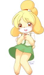 Rule 34 | 1girl, animal crossing, blonde hair, brown eyes, dog, ehime mikan, female focus, full body, furry, furry female, highres, isabelle (animal crossing), nintendo, open mouth, ponytail, short hair, simple background, skirt, solo, white background