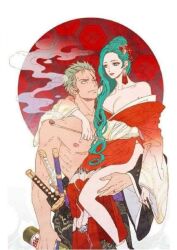 Rule 34 | 1boy, 1girl, aqua hair, artist request, closed mouth, couple, green hair, image sample, japanese clothes, jewelry, kouzuki hiyori, long hair, looking at another, non-web source, one piece, roronoa zoro, short hair, traditional clothes, zerochan sample