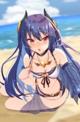 Rule 34 | 1girl, absurdres, bare shoulders, bikini, blue bikini, blue hair, blue sky, blue sleeves, blurry, blurry background, blush, breasts, cloud, collarbone, commentary request, day, depth of field, detached sleeves, hair between eyes, hair ornament, hairclip, highres, horizon, horns, iseshi, layered bikini, long hair, long sleeves, navel, ocean, open mouth, outdoors, princess connect!, pulled by self, red eyes, rei (princess connect!), rei (summer) (princess connect!), see-through, single detached sleeve, sky, small breasts, solo, strap pull, sweat, swimsuit, twisted torso, very long hair, water