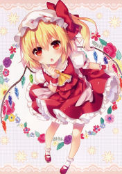 Rule 34 | 1girl, absurdres, ascot, blush, chestnut mouth, crystal, finger to cheek, flandre scarlet, floral background, full body, furrowed brow, hat, hat ribbon, highres, looking at viewer, mary janes, mob cap, non-web source, open mouth, pointing, pointing up, puffy sleeves, red eyes, ribbon, riichu, scan, shirt, shoes, short hair, short sleeves, side ponytail, skirt, skirt set, socks, solo, touhou, vest, white socks, wings, wrist cuffs