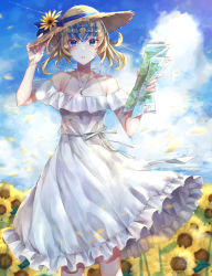 Rule 34 | 1girl, absurdres, bare shoulders, blonde hair, blue eyes, blue sky, blush, breasts, collarbone, contemporary, day, diadem, dress, fate/grand order, fate (series), field, flower, flower field, hat, highres, hitomin (ksws7544), jewelry, looking at viewer, map, medium hair, necklace, parted lips, pendant, petals, pollux (fate), sky, small breasts, solo, straw hat, sunflower, sunflower field, white dress, wind, wind lift